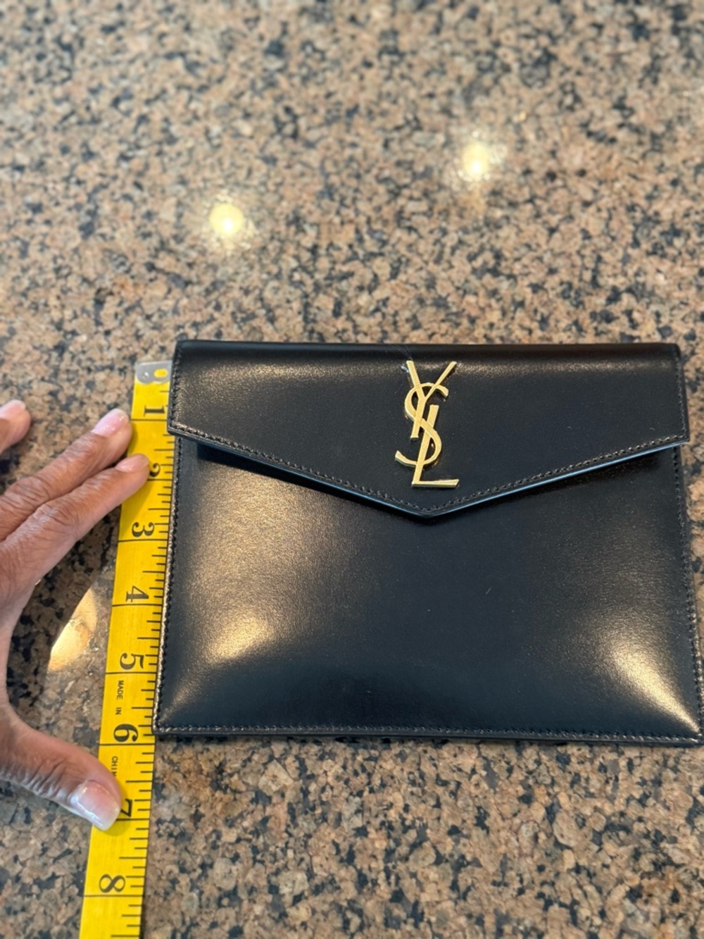 Saint Laurent Black Leather Envelope Clutch with Gold YSL Logo - Picture 3 of 8